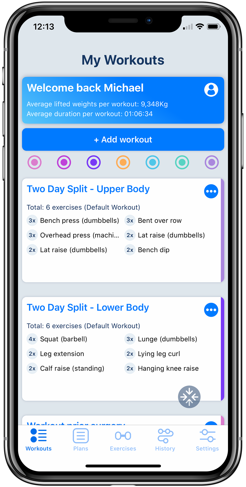 Workout tracker app on iPhone displaying a list of fitness workouts